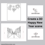 3d Happy New Year scene coloring page.