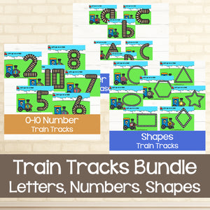 letters, numbers and shape train track playdough mats