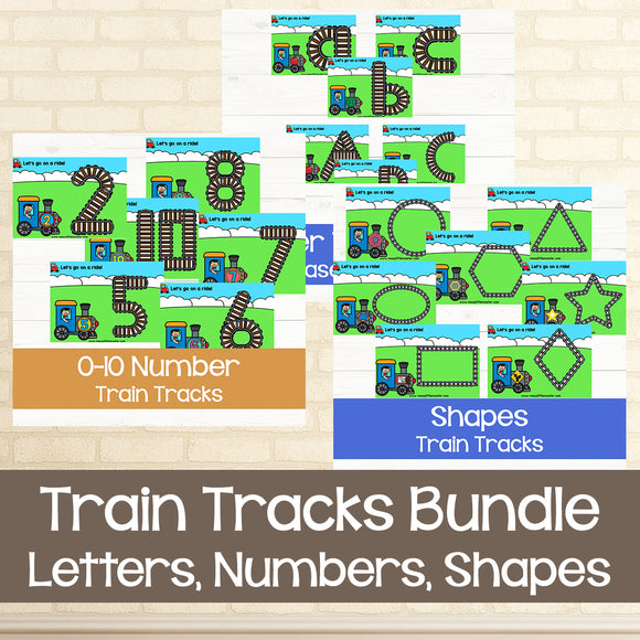 letters, numbers and shape train track playdough mats