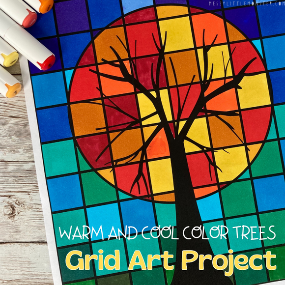 warm cool color tree grid art project