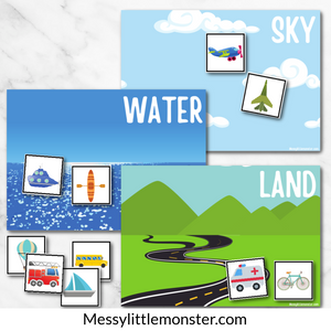 Sky water and land mats. Transport activity for kids. 