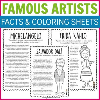 artist study for kids - famous artist facts and coloring sheets